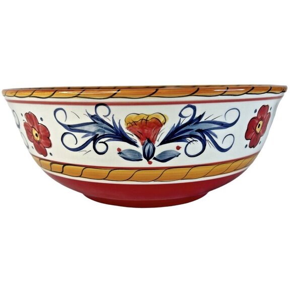 Tabletops Gallery Italiano Large Servng Bowl Red Blue Hand Painted Floral 10 IN - Picture 6 of 8